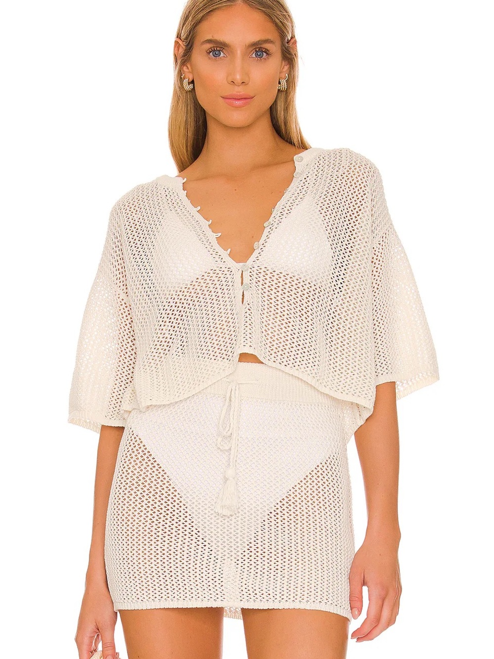 L*Space "Coast Is Clear" cotton crochet top and matching mini skirt in cream